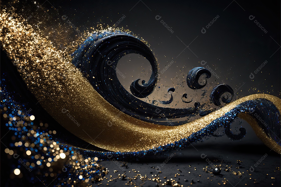 Fundo abstrato azul e amarelo para o conceito de festa de carnaval com folha de ouro, flâmulas e confetes brilhantes.