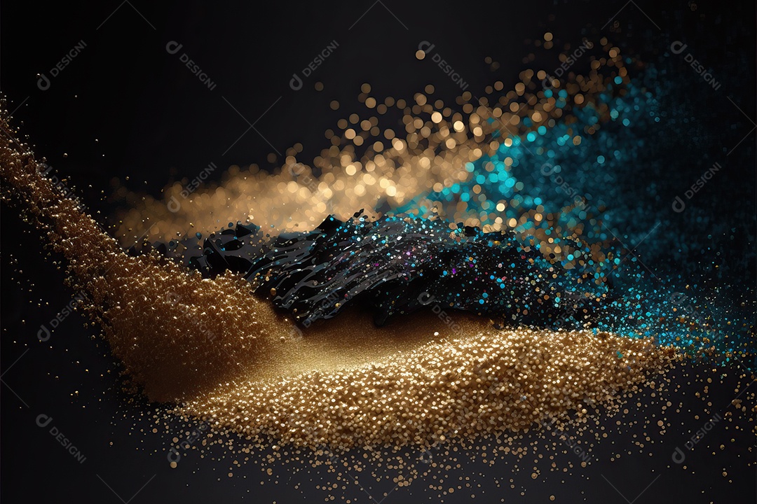 Fundo abstrato azul e amarelo para o conceito de festa de carnaval com folha de ouro, flâmulas e confetes brilhantes.