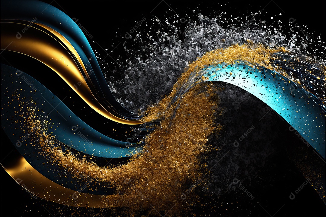 Fundo abstrato azul e amarelo para o conceito de festa de carnaval com folha de ouro, flâmulas e confetes brilhantes.