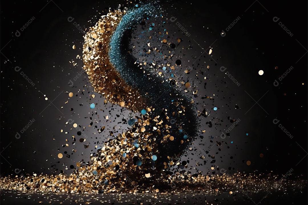 Fundo abstrato azul e amarelo para o conceito de festa de carnaval com folha de ouro, flâmulas e confetes brilhantes.