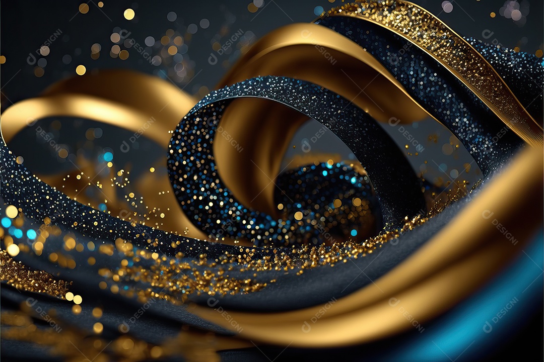 Fundo abstrato azul e amarelo para o conceito de festa de carnaval com folha de ouro, flâmulas e confetes brilhantes.