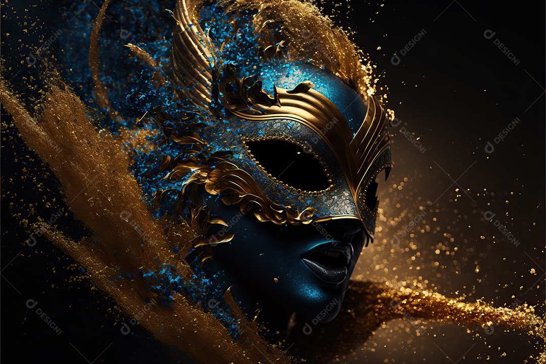 Máscara de carnaval azul e amarela com glitter em um fundo de folha de ouro, confete e flâmulas.