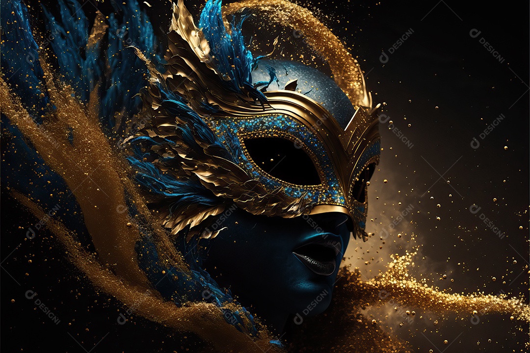 Máscara de carnaval azul e amarela com glitter em um fundo de folha de ouro, confete e flâmulas.