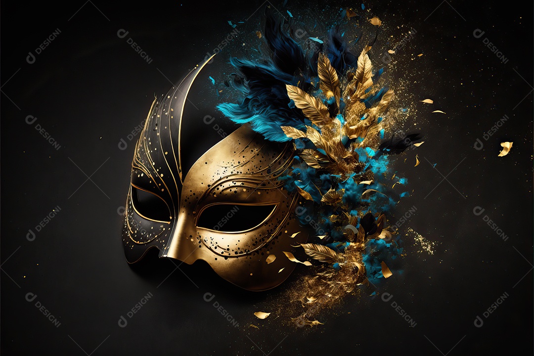 Máscara de carnaval azul e amarela com glitter em um fundo de folha de ouro, confete e flâmulas.