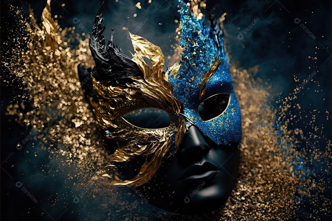 Máscara de carnaval azul e amarela com glitter em um fundo de folha de ouro, confete e flâmulas.