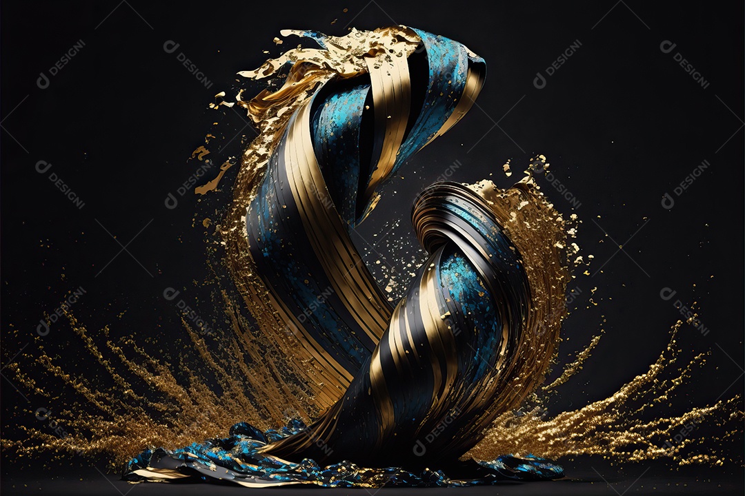 Blue and yellow carnival mask with glitter on a background of gold foil, confetti and streamers.