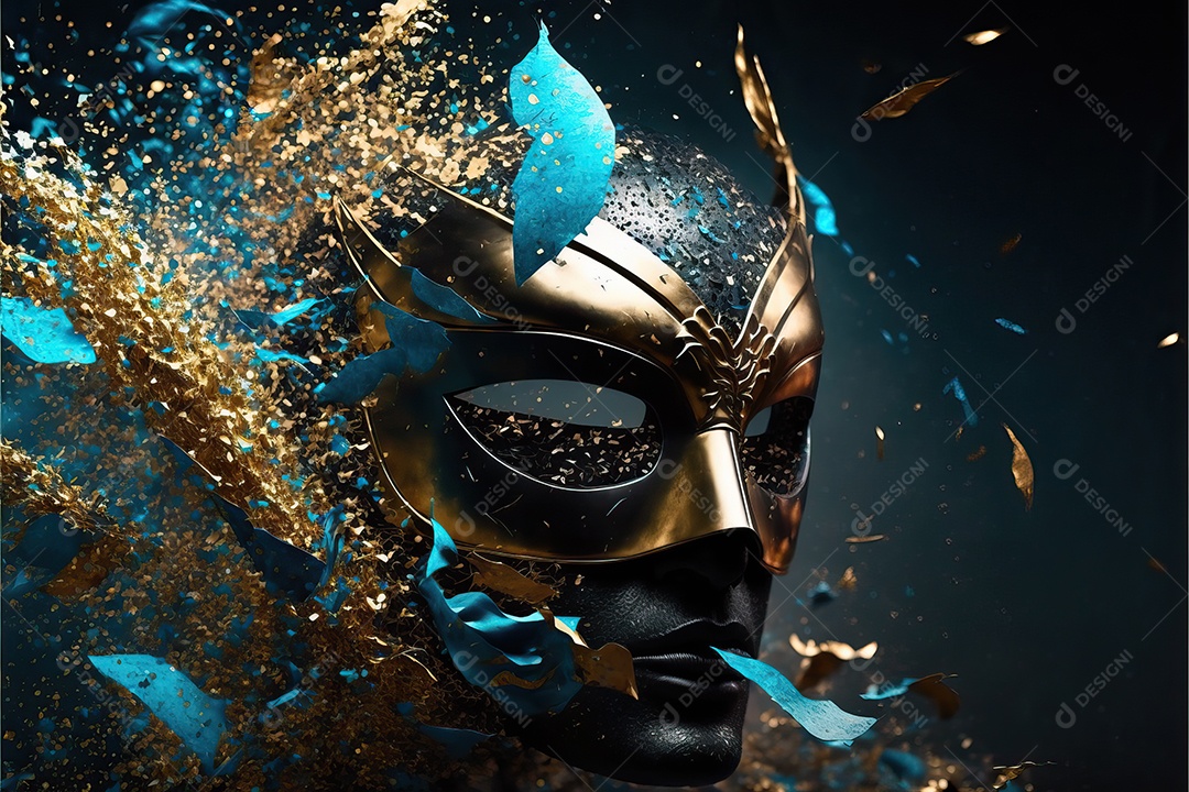 Máscara de carnaval azul e amarela com glitter em um fundo de folha de ouro, confete e flâmulas.