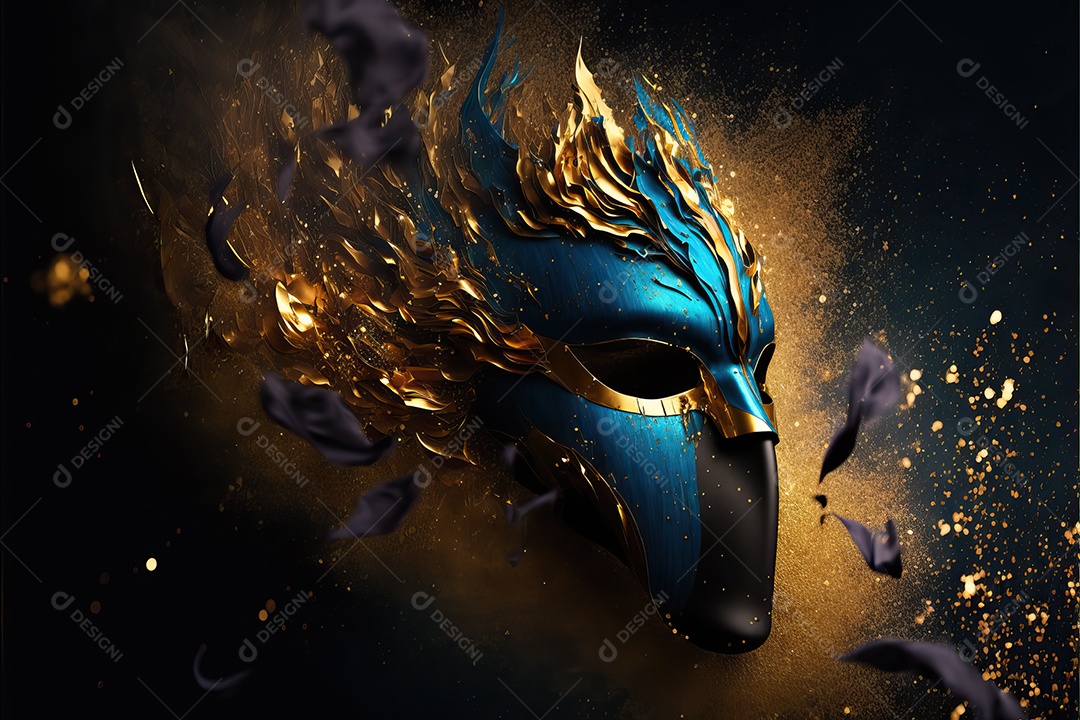 Máscara de carnaval azul e amarela com glitter em um fundo de folha de ouro, confete e flâmulas.