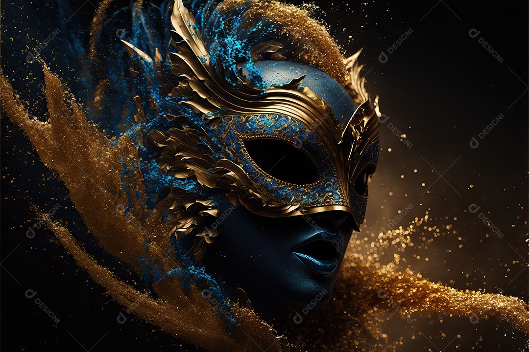 Máscara de carnaval azul e amarela com glitter em um fundo de folha de ouro, confete e flâmulas.