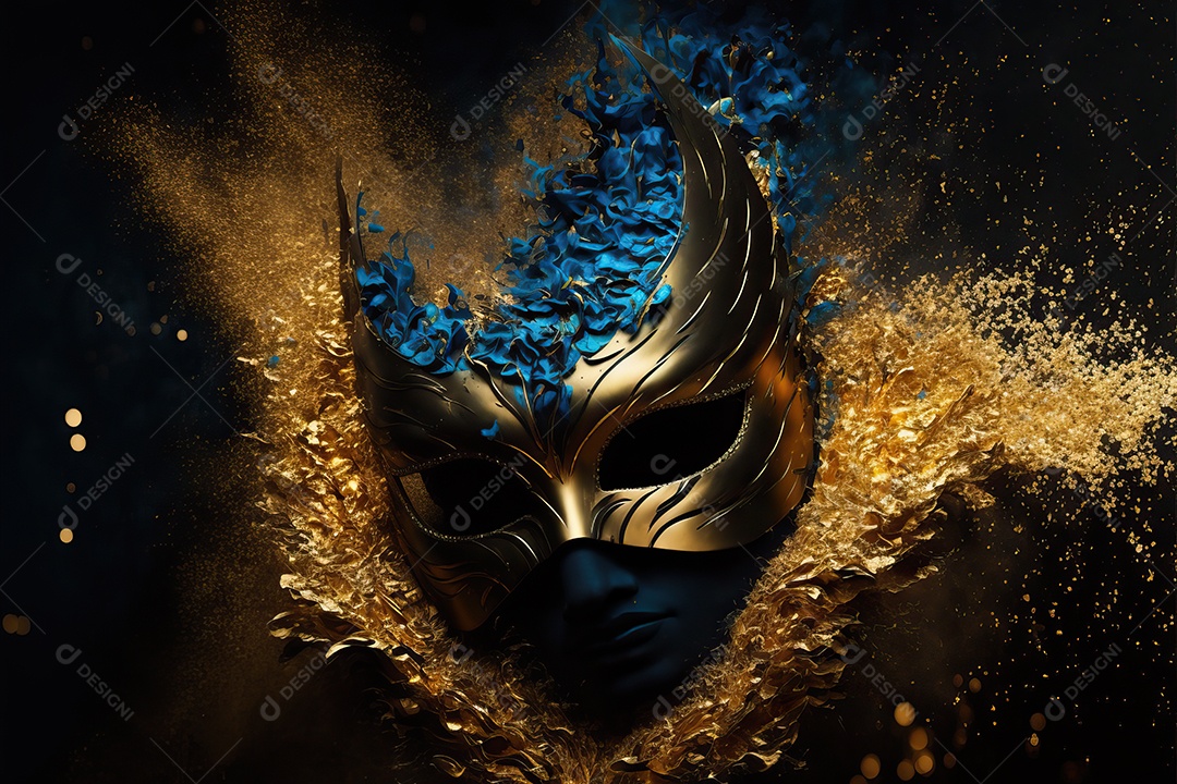 Máscara de carnaval azul e amarela com glitter em um fundo de folha de ouro, confete e flâmulas.