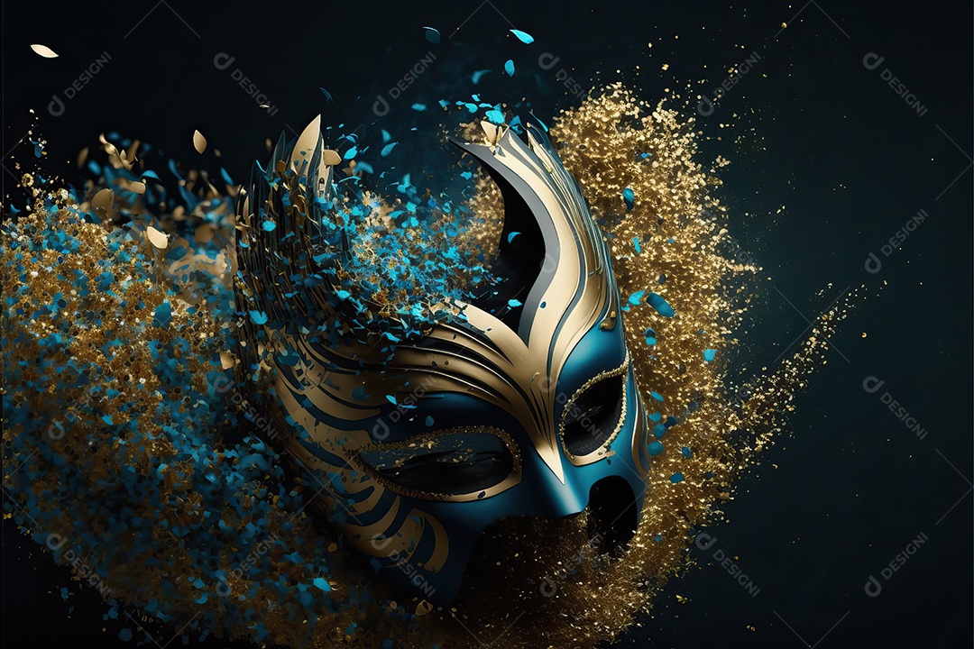 Máscara de carnaval azul e amarela com glitter em um fundo de folha de ouro, confete e flâmulas.