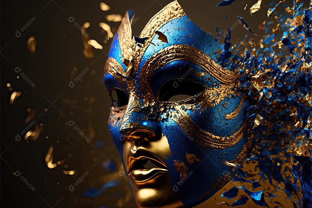 Máscara de carnaval azul e amarela com glitter em um fundo de folha de ouro, confete e flâmulas.