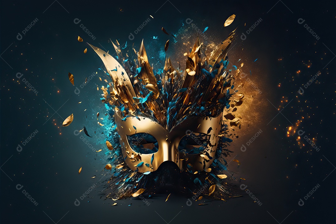 Máscara de carnaval azul e amarela com glitter em um fundo de folha de ouro, confete e flâmulas.