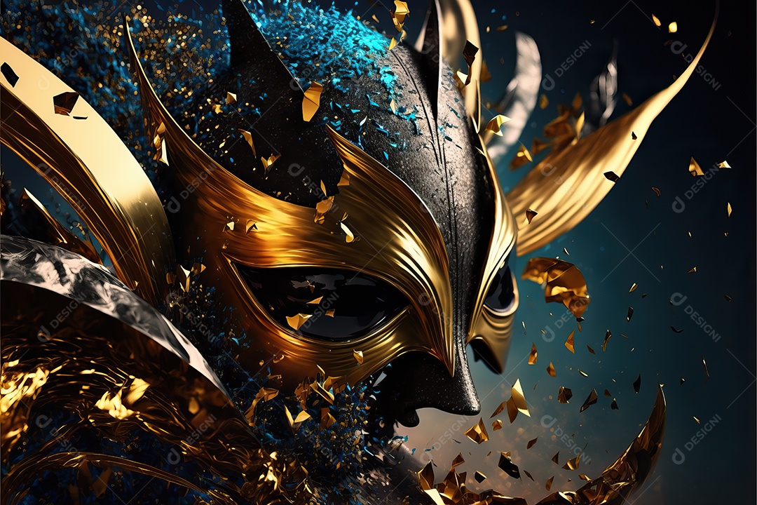 Máscara de carnaval azul e amarela com glitter em um fundo de folha de ouro, confete e flâmulas.