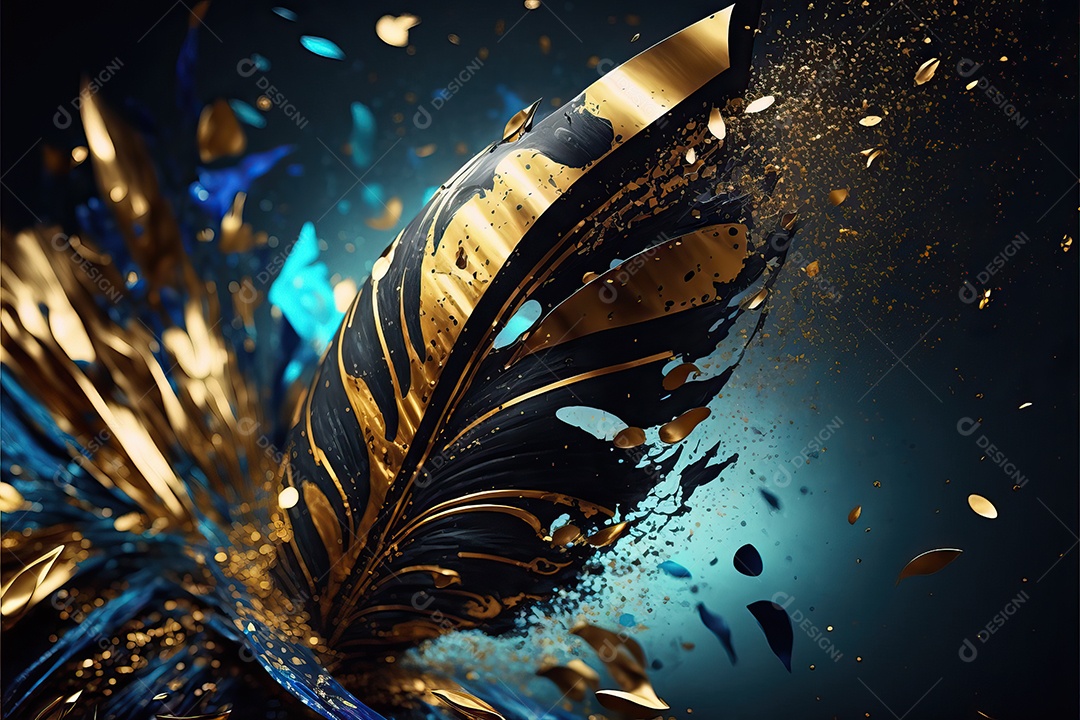 Fundo abstrato azul e amarelo para o conceito de festa de carnaval com folha de ouro, flâmulas e confetes brilhantes.