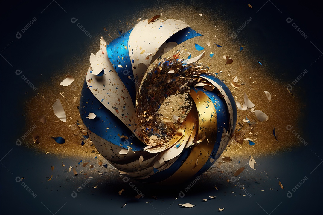 Fundo abstrato azul e branco para o conceito de festa de carnaval com folha de ouro, flâmulas e confetes brilhantes.