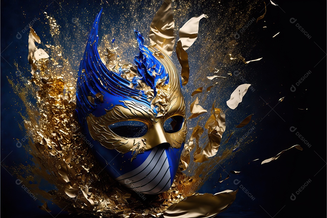 Máscara de carnaval azul e amarela com glitter em um fundo de folha de ouro, confete e flâmulas.
