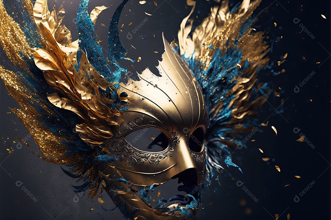 Máscara de carnaval azul e amarela com glitter em um fundo de folha de ouro, confete e flâmulas.