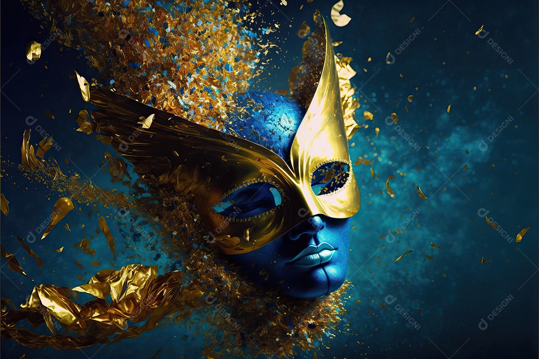 Máscara de carnaval azul e amarela com glitter em um fundo de folha de ouro, confete e flâmulas.