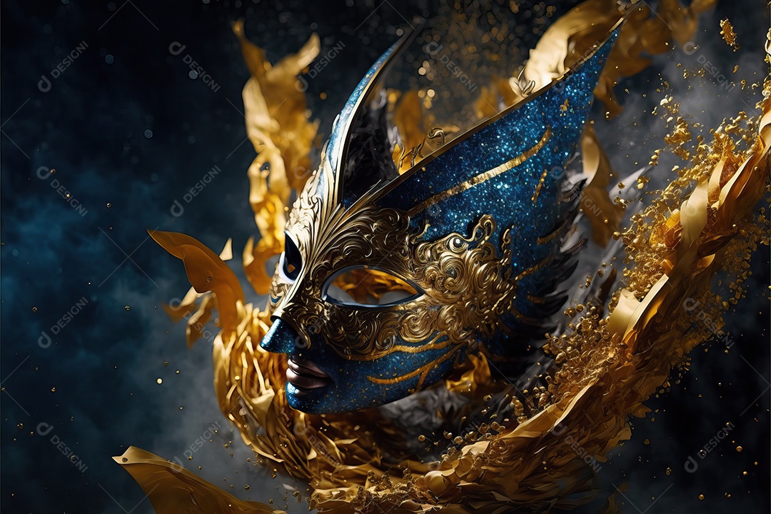 Máscara de carnaval azul e amarela com glitter em um fundo de folha de ouro, confete e flâmulas.