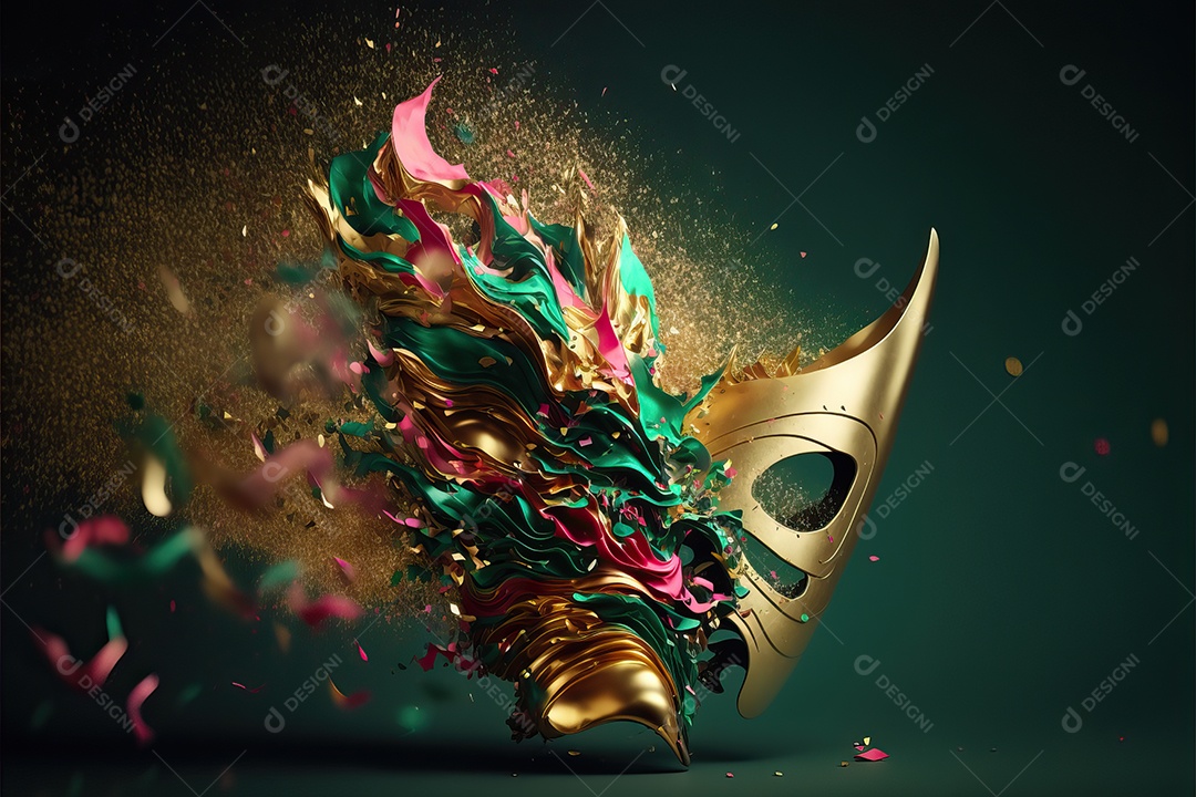 Máscara de carnaval verde e rosa com glitter em um fundo de folha de ouro, confete e flâmulas.