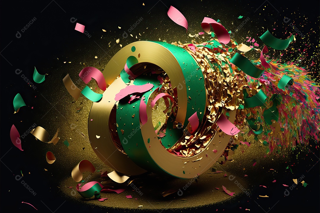 Abstrato verde e rosa para o conceito de festa de carnaval com folha de ouro, flâmulas e confetes brilhantes.