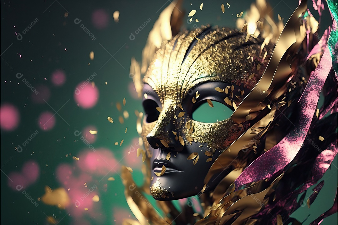 Máscara de carnaval verde e rosa com glitter em um fundo de folha de ouro, confete e flâmulas.