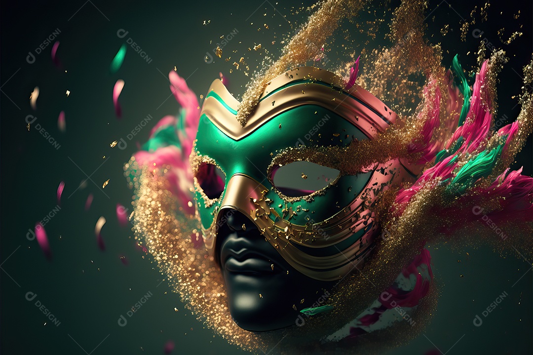Máscara de carnaval verde e rosa com glitter em um fundo de folha de ouro, confete e flâmulas.