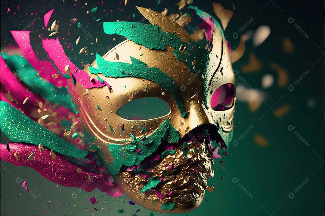 Máscara de carnaval verde e rosa com glitter em um fundo de folha de ouro, confete e flâmulas.