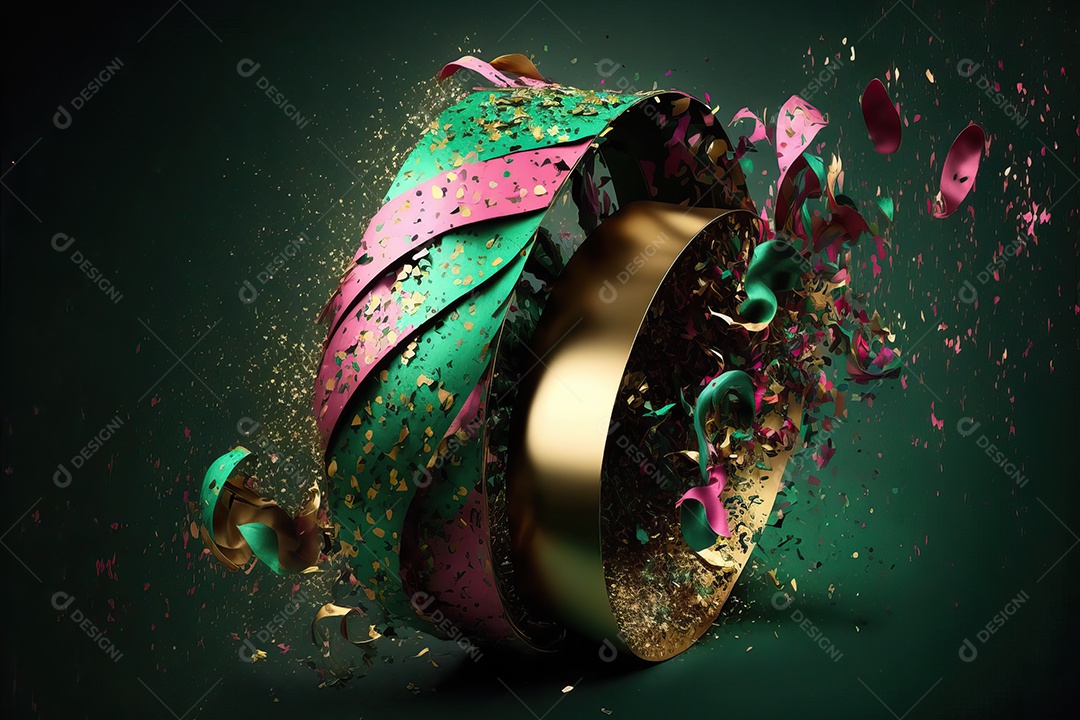 Abstrato verde e rosa para o conceito de festa de carnaval com folha de ouro, flâmulas e confetes brilhantes.