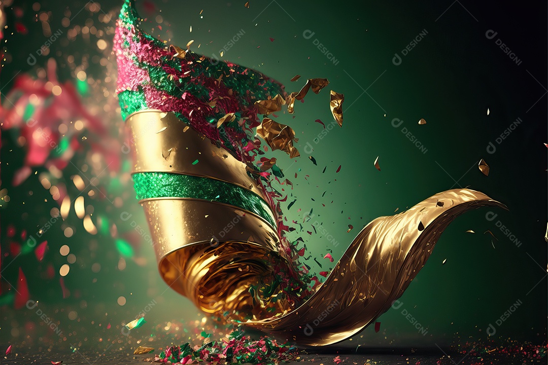 Abstrato verde e rosa para o conceito de festa de carnaval com folha de ouro, flâmulas e confetes brilhantes.