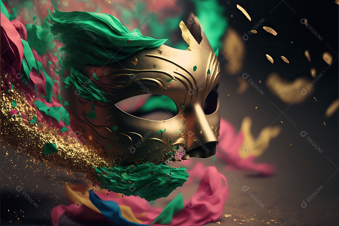 Máscara de carnaval verde e rosa com glitter em um fundo de folha de ouro, confete e flâmulas.