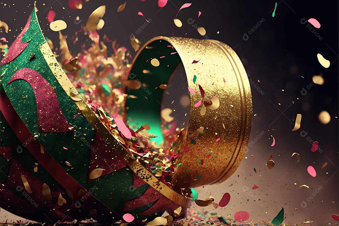 Abstrato verde e rosa para o conceito de festa de carnaval com folha de ouro, flâmulas e confetes brilhantes.