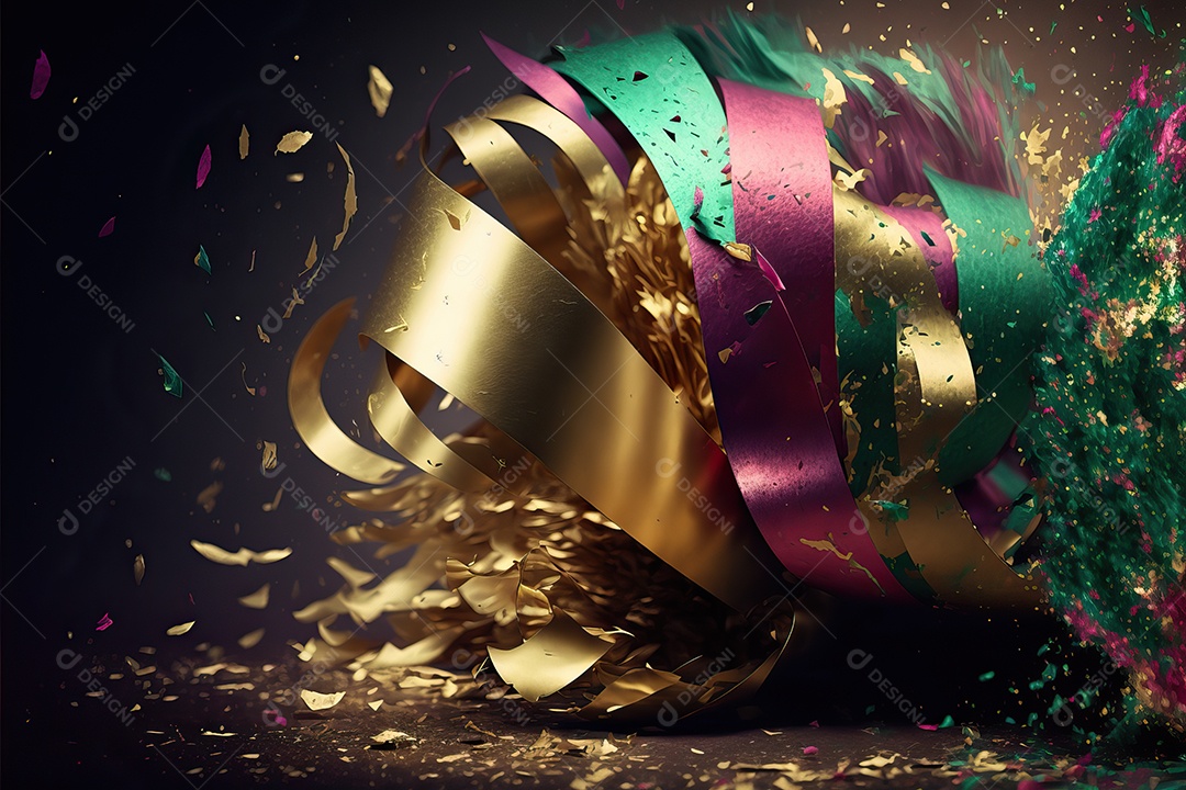 Abstrato verde e rosa para o conceito de festa de carnaval com folha de ouro, flâmulas e confetes brilhantes.