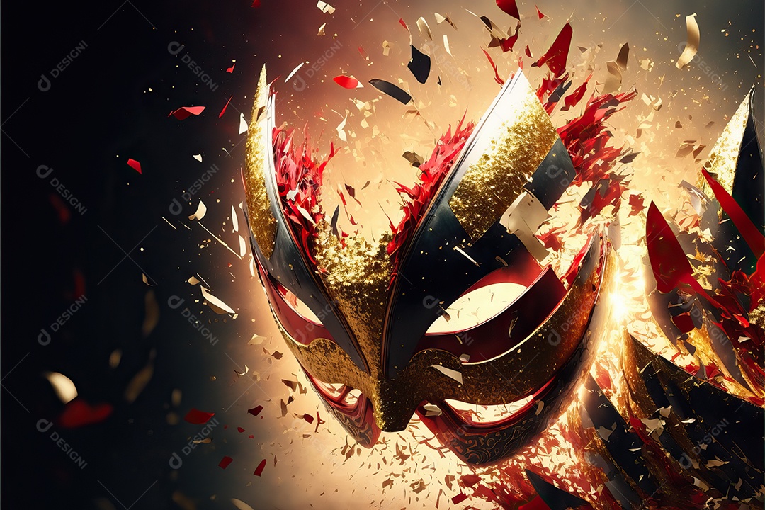 Máscara de carnaval vermelha e branca com glitter em um fundo de folha de ouro, confete e flâmulas.