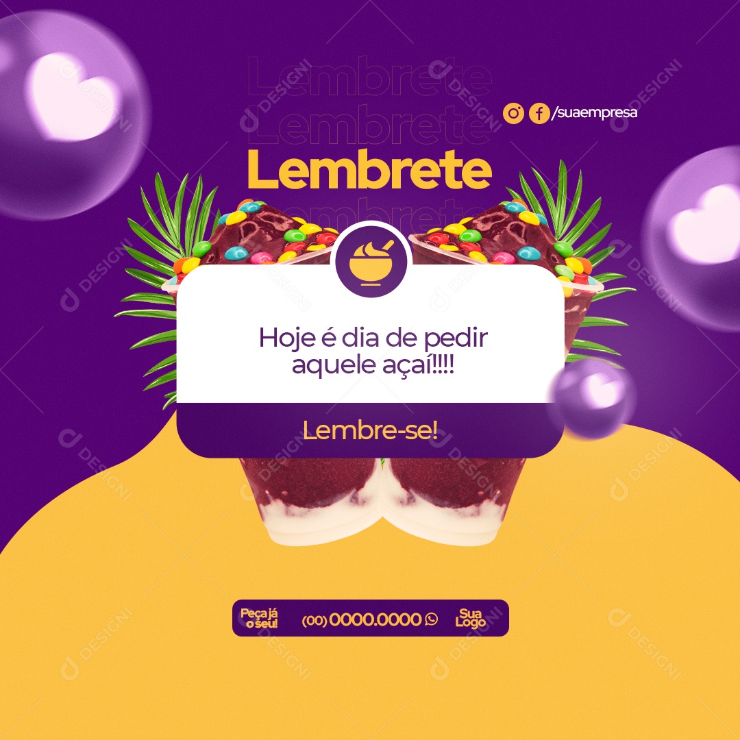 Lembrete Açaiteria Açai Social Media PSD Editável