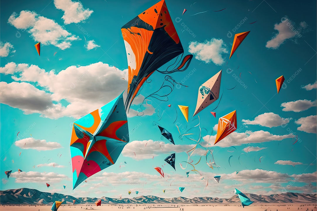 Vários tipos de pipas voando no céu azul entre nuvens em conceito para o festival internacional de pipas.