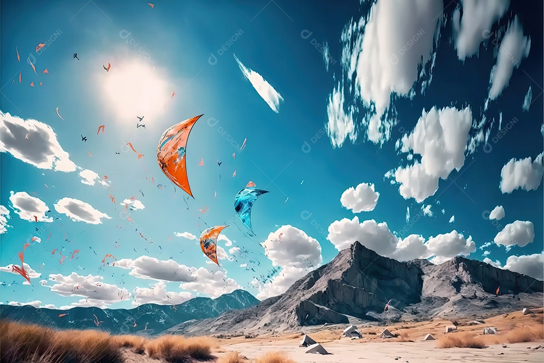 Vários tipos de pipas voando no céu azul entre nuvens em conceito para o festival internacional de pipas.