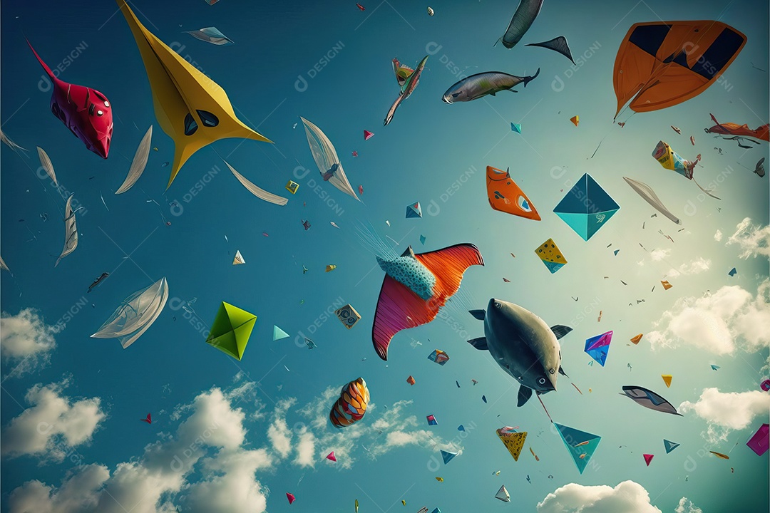 Vários tipos de pipas voando no céu azul entre nuvens em conceito para o festival internacional de pipas.