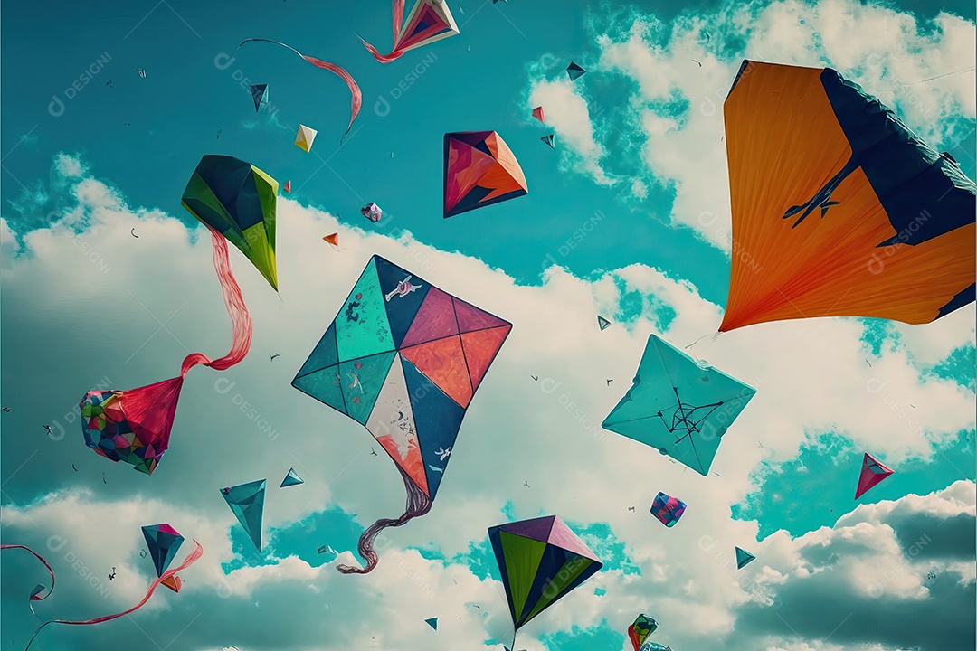 Vários tipos de pipas voando no céu azul entre nuvens em conceito para o festival internacional de pipas.