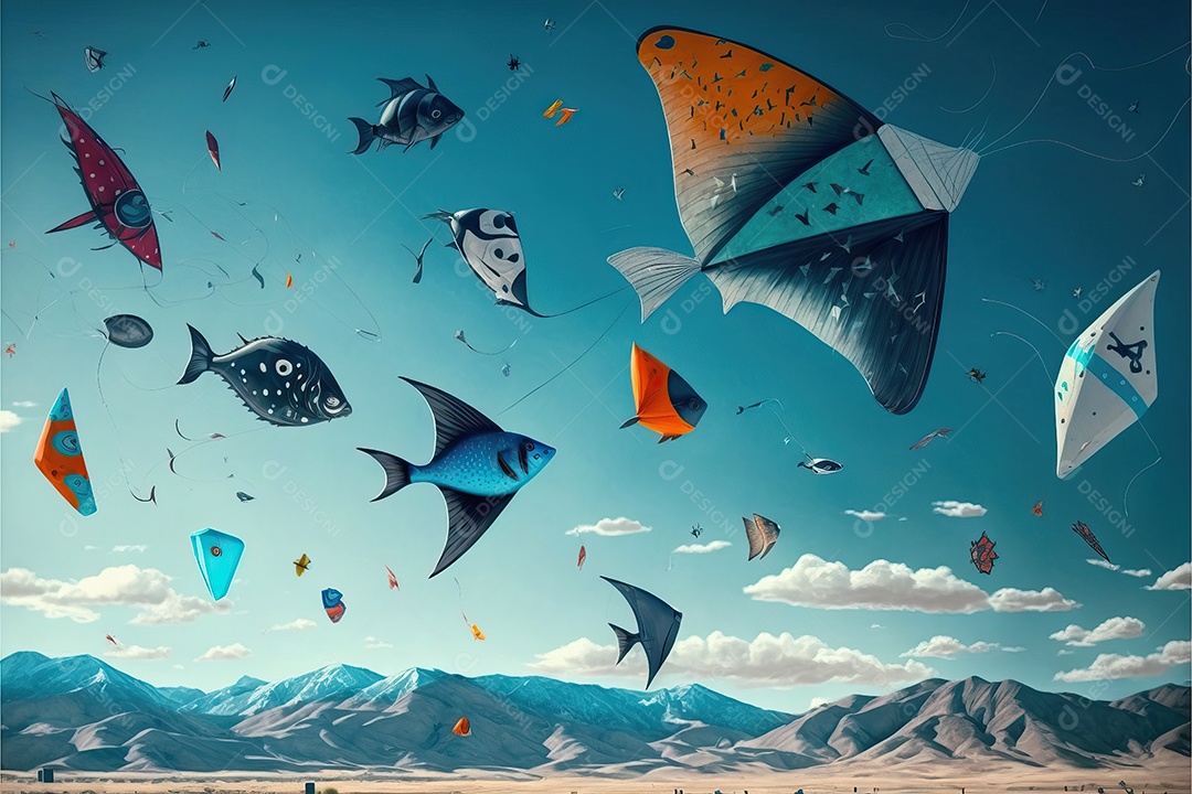 Vários tipos de pipas voando no céu azul entre nuvens em conceito para o festival internacional de pipas.