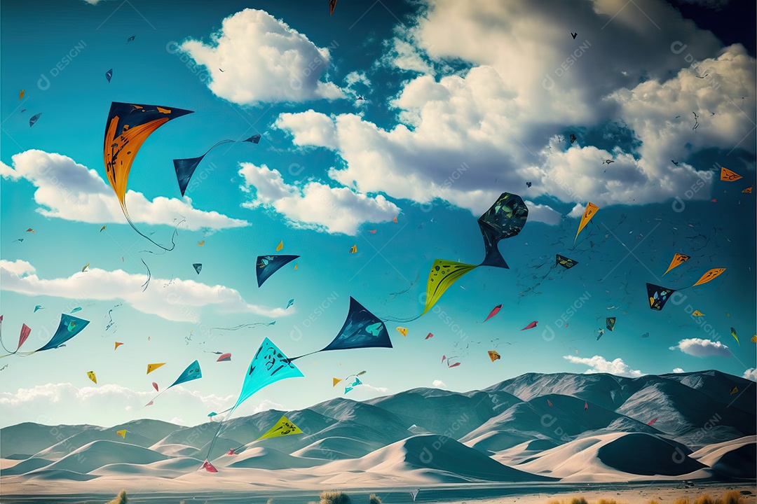 Vários tipos de pipas voando no céu azul entre nuvens em conceito para o festival internacional de pipas.