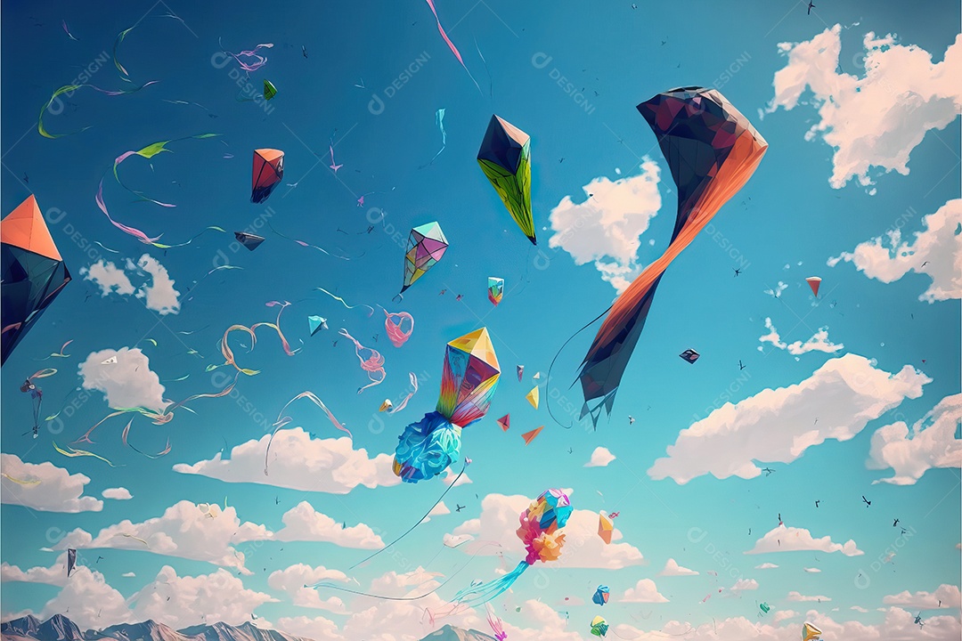 Vários tipos de pipas voando no céu azul entre nuvens em conceito para o festival internacional de pipas.