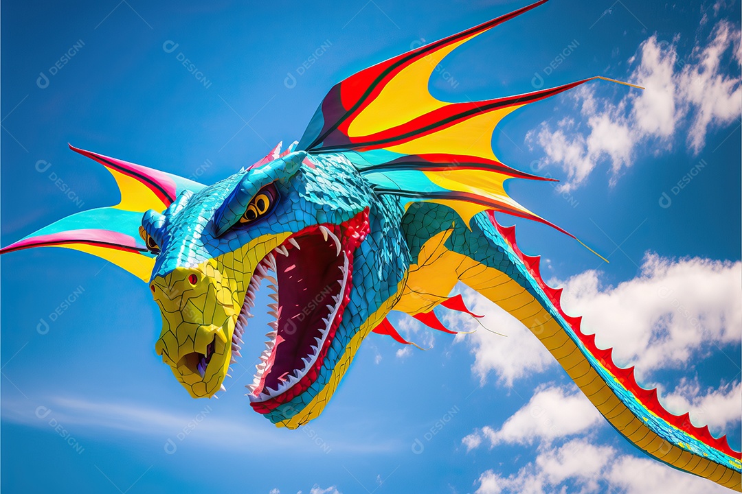 Pipa-dragão voando no céu azul entre nuvens em conceito para o festival internacional de pipas.