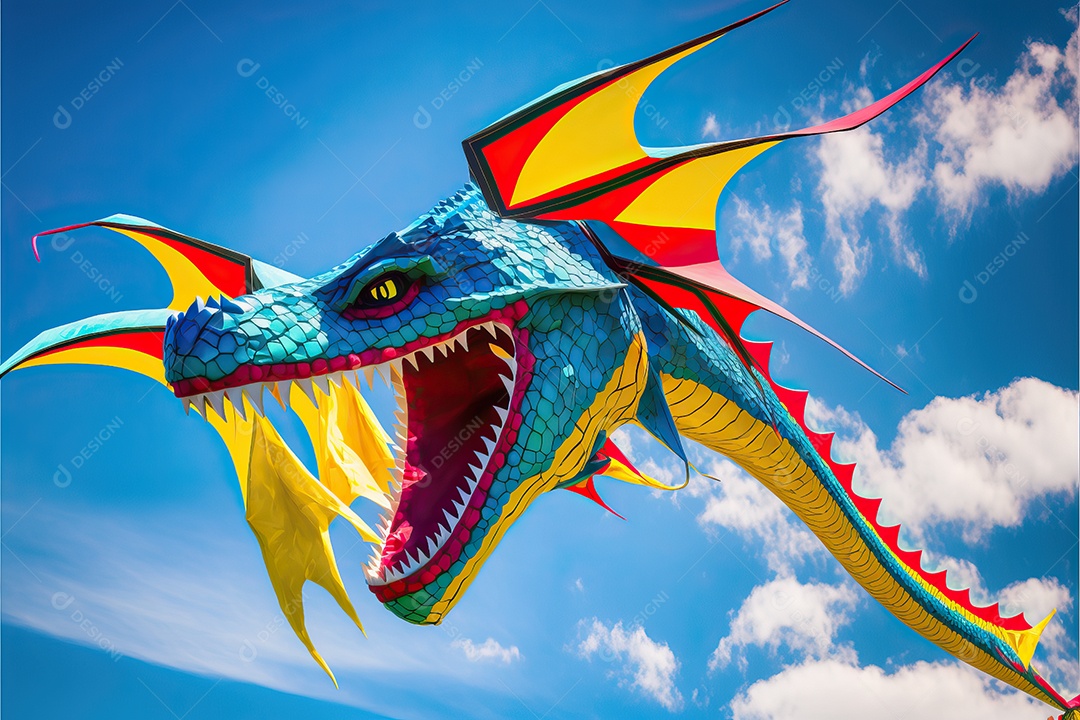 Pipa-dragão voando no céu azul entre nuvens em conceito para o festival internacional de pipas.