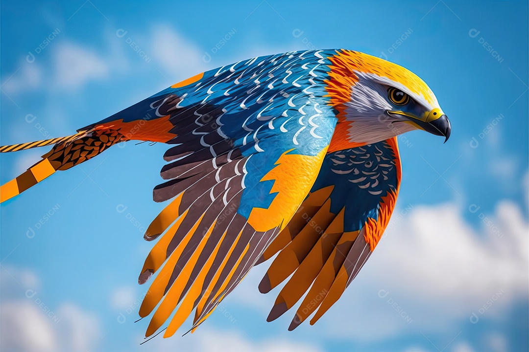 Uma pipa águia voando no céu azul entre nuvens em conceito para o festival internacional de pipas.