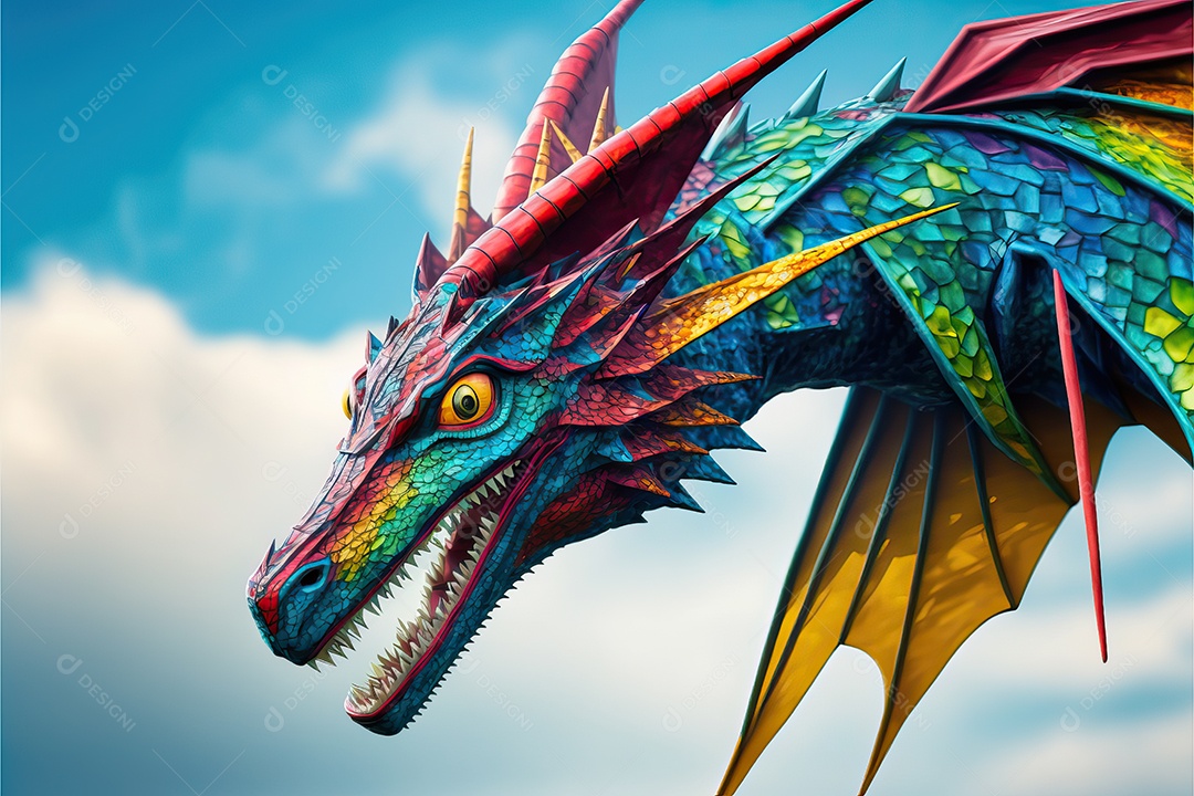 Pipa-dragão voando no céu azul entre nuvens em conceito para o festival internacional de pipas.