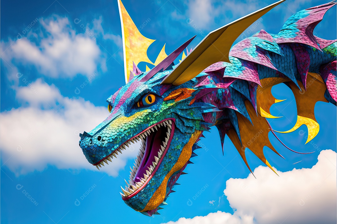 Pipa-dragão voando no céu azul entre nuvens em conceito para o festival internacional de pipas.