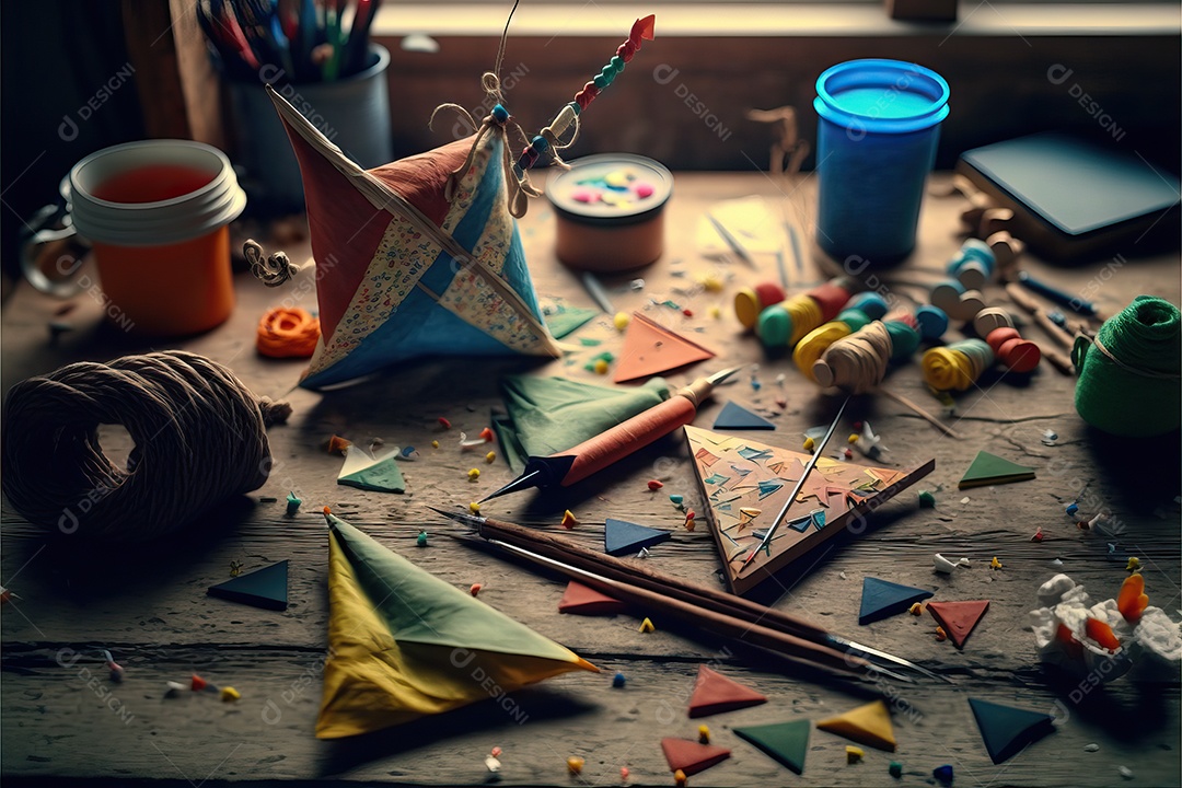 Pipas de balão coloridas em cima da mesa em preparação para a decoração da festa.