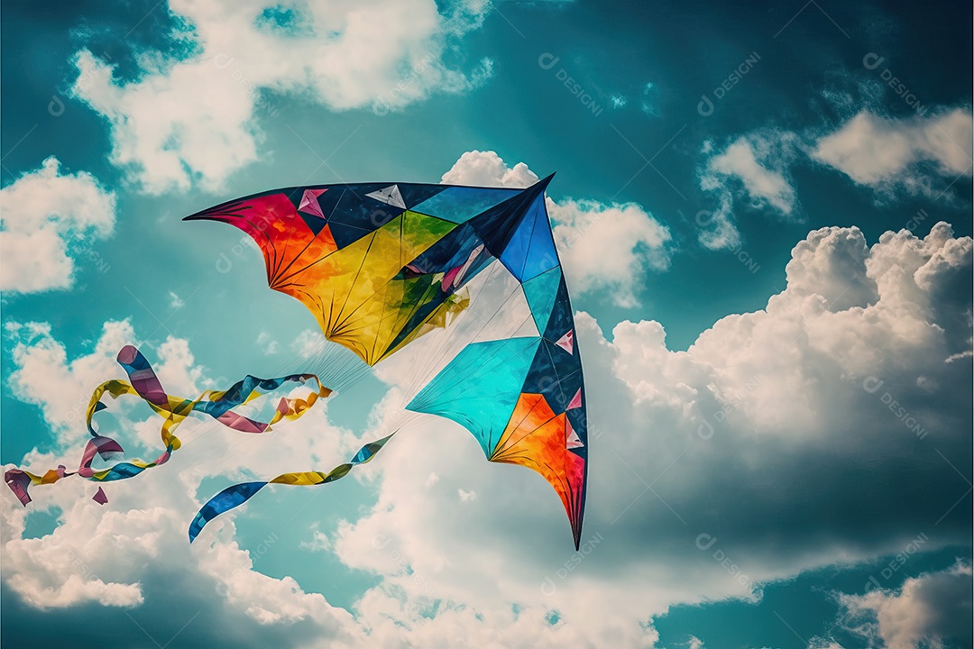Papagaio-pipa voando no céu azul entre nuvens em conceito para o Festival Internacional de Pipas.